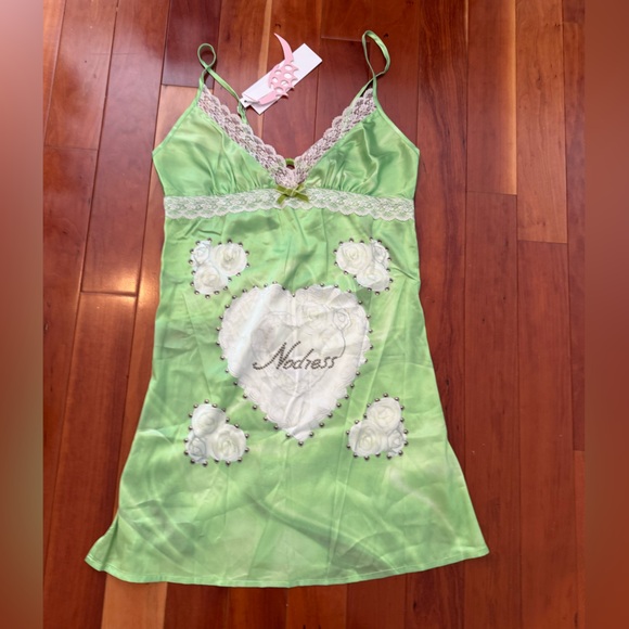 Nodress Birthday Cake Print Satin Slip Mini Dress in Light Green M Y2K - Picture 2 of 9
